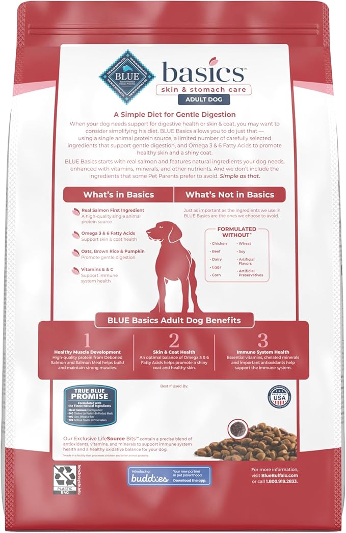 Blue Buffalo Basics Adult Dry Dog Food for Skin & Stomach Care, Limited Ingredient Diet, Made in the USA with Natural Ingredients, Salmon & Potato Recipe, 11-lb. Bag