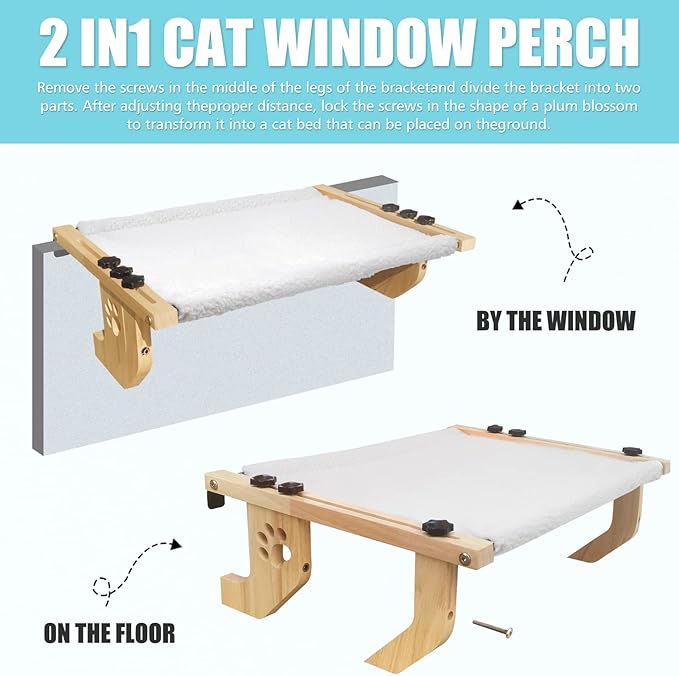 Cat Window Perch Sturdy Cat Window Hammock with Wood and Metal Frame-No Drilling Required-Multiple Ways to Use-Cat Bed for Windowsill,Floor,Bedside or Cabinet-Suitable for Large Cats(M-White Plush)