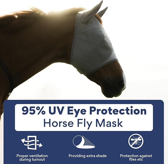 Horse Fly Mask with Ears, Built in Visor Breathable Lightweight Horse Fly Mask, 95% UV Eye Protection Horse Supplies, UV Fly Mask for Horses, Adjustable Fit for Comfort Horse Medium/Large Size