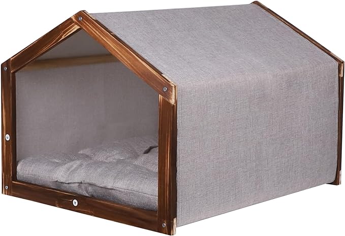 Dog House with Wooden Frame for Small Dogs or Cats Pet House with Fabric Cushion for Indoor (Grey)