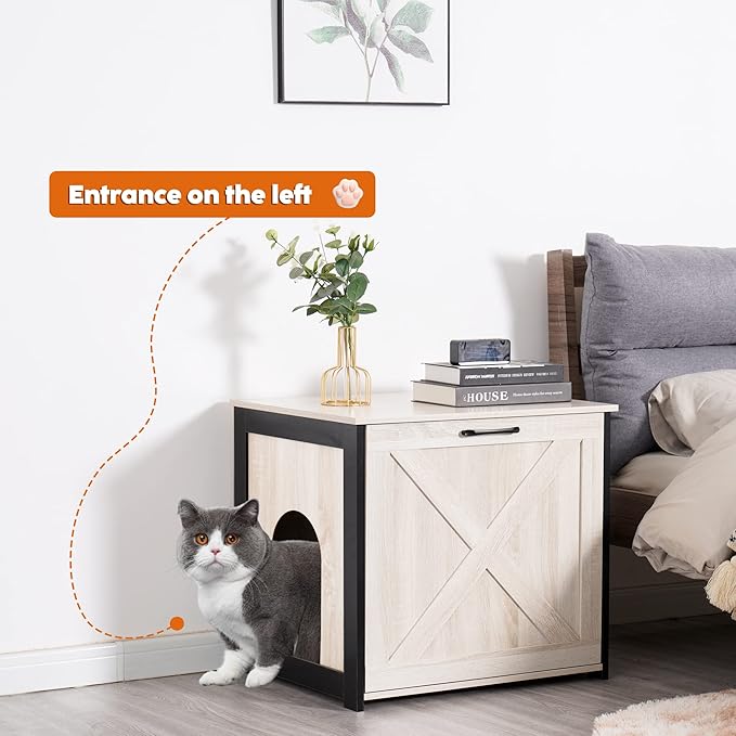 DWANTON Cat Litter Box Furniture Hidden, Cat Litter Box Enclosure, Reversible Entrance Can Be on Left or Right Side, Indoor Cat Box Cabinet, Wooden Cat Washroom, End Table, Nightstand, Beige