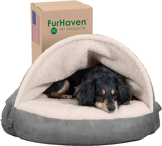 Furhaven 26" Round Cooling Gel Dog Bed for Medium/Small Dogs w/ Removable Washable Cover, For Dogs Up to 30 lbs - Sherpa & Suede Snuggery - Gray, 26-inch