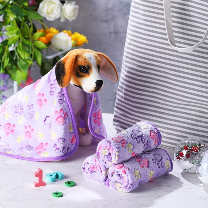 4 Pcs Pet Blanket Dog Puppy Blanket Paw Print Fleece Blanket for Small Medium Pet Dog Cat Warm Soft Sleep Mat Guinea Pig Cage Liners Blanket (Purple,Small(24 x 16 Inch))