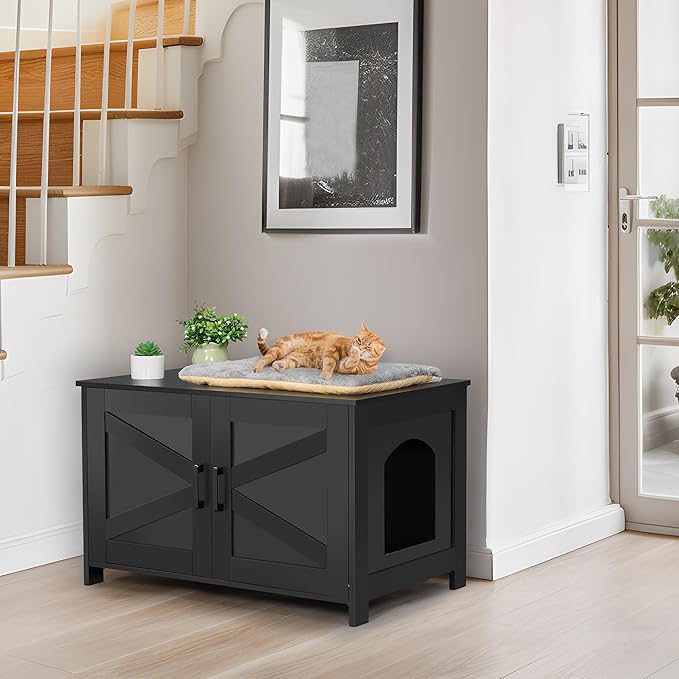 Cat Litter Box Enclosure,Litter Box Furniture Hidden with Barn Door,Wooden Cat Washroom Furniture,Cat House,Fit Most of Litter Box, Black