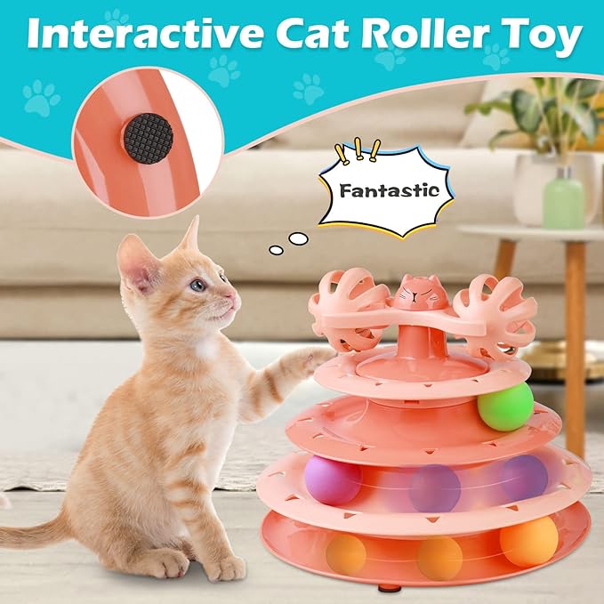 UPSKY Cat Toy Roller 4-Level Turntable Cat Toy Balls with Three Colorful Balls and Bell Ball X Turntable Interactive Kitten Fun Mental Physical Exercise Puzzle Toys.