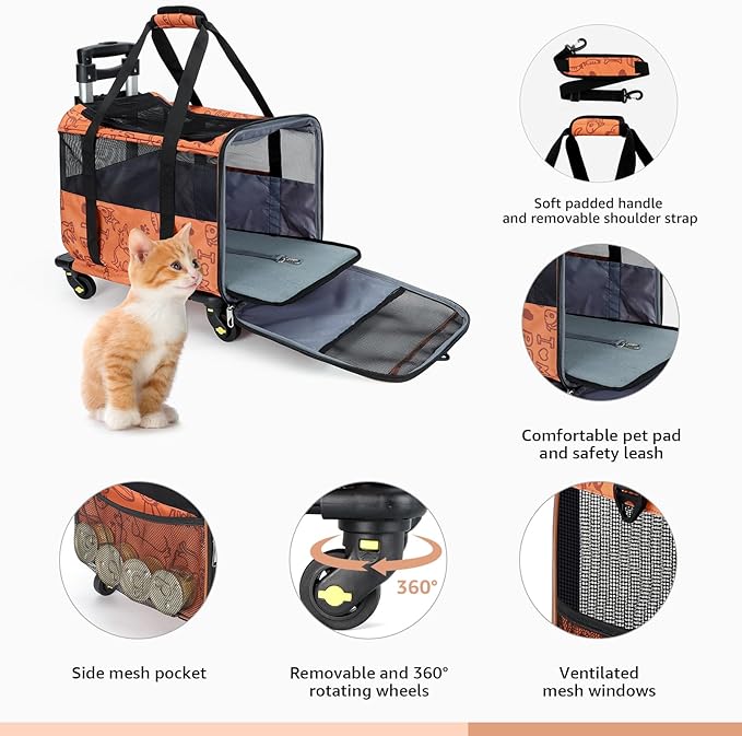 Lekereise Cat Carrier with Wheels for Small Pet, Airline Approved Dog Carrier with Wheels, Rolling Dog Cat Carrier, Orange