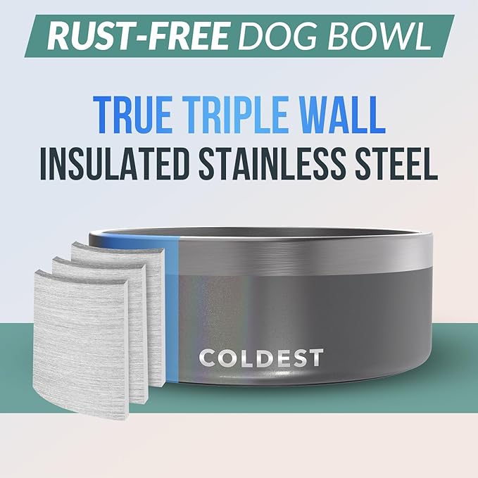 Coldest Dog Bowl - Anti Rust Metal & Non Slip Dog Bowls Large, Spill Proof Heavy Duty 3 Layers Insulated Dog Bowl - Food and Water Bowl for Dogs, Cats & Pets, Dishwasher Safe (64 oz, Stardust Glitter)