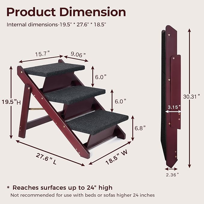 Wooden Dog Stairs/Steps 19.5”H - Foldable 3 steps Dog Steps for High Bed Couch Cars, Non-Slip Pet Stairs for Small Large Medium Dogs and Cats, No Assembly Required