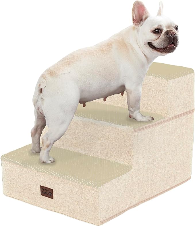 Dog Stairs for Small Dogs - Foam Pet Steps for High Beds and Couch, Non-Slip Folding Dog Steps Portable Pet Stairs for Large Dog and Cats,3 Step, Beige