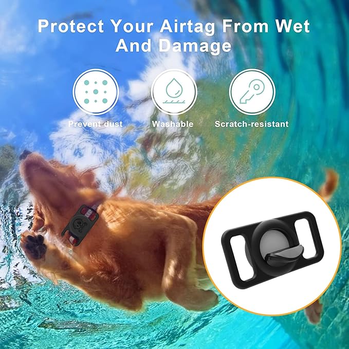 Airtag Dog Collar Holder Waterproof [2 Pack] Silicone Full Body Covered Ultra-Durable Lightweight Case Anti-Lost Protective Apple Air Tag Holder for Pet Dogs & Cats Collars (Black(2 Pack))