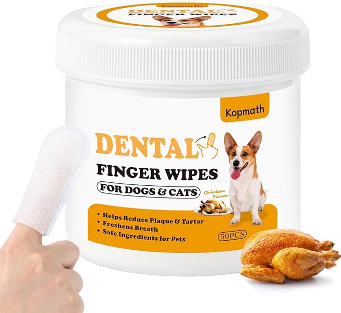 Teeth Cleaning Finger Wipes, Dog Dental Wipes, Reduce Plaque & Tartar, Freshen Breath, Safe & Natural Pet Dental Wipes for Dogs Teeth, Portable Dog Tooth Wipes for Cats,50 Ct, Chicken Scent