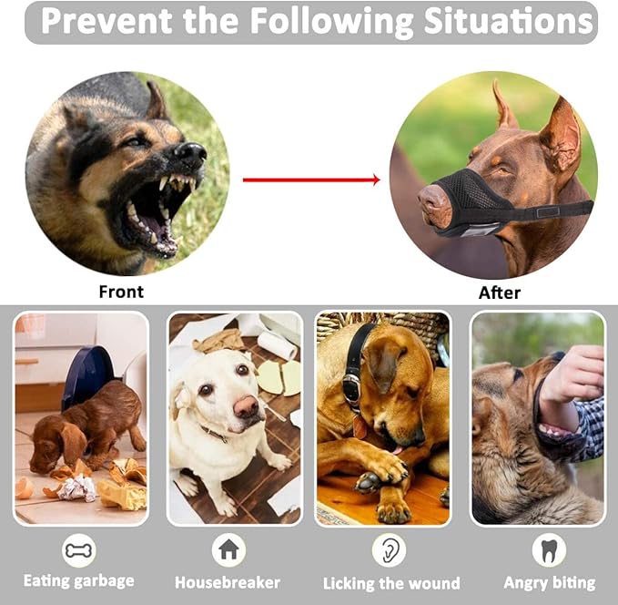 LUCKYPAW Dog Muzzle Anti Biting Barking and Chewing with Comfortable Mesh Soft Fabric and Adjustable Strap, Suitable for Small, Medium and Large Dogs(Black,L)
