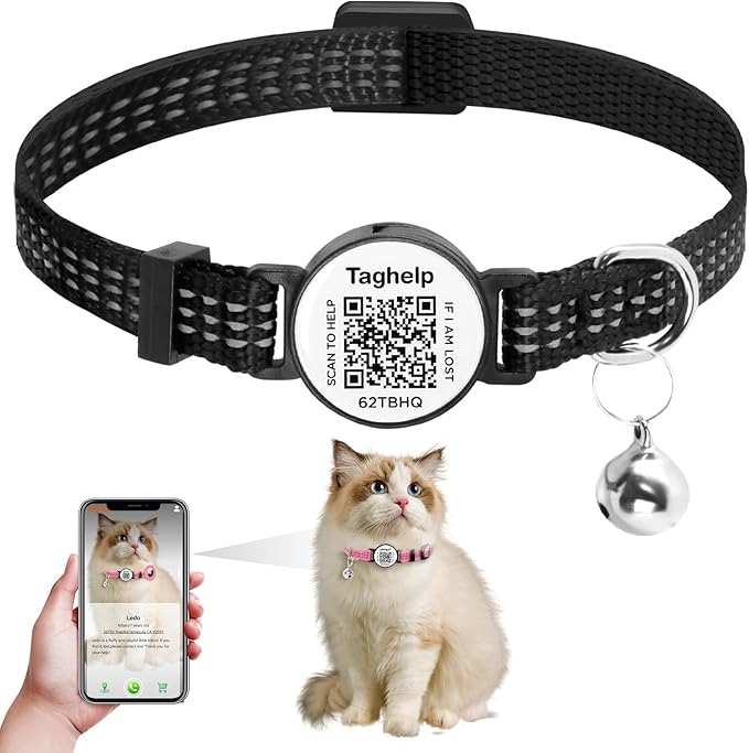 Reflective-Breakaway Cat Collars with Bells with QR Code Name Tag, Cat ID Tag Personalized,Adjustable Small Cat Collar,Ideal for Girl Cats Male Cats Kittens Puppies (Black B, just Collar)