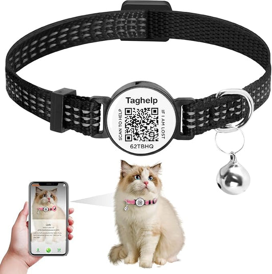 Reflective-Breakaway Cat Collars with Bells with QR Code Name Tag, Cat ID Tag Personalized,Adjustable Small Cat Collar,Ideal for Girl Cats Male Cats Kittens Puppies (Black B, just Collar)