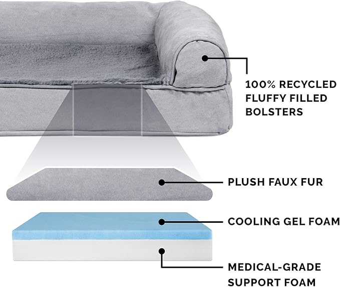 Furhaven Cooling Gel Dog Bed for Large Dogs w/ Removable Bolsters & Washable Cover, For Dogs Up to 125 lbs - Plush & Suede Sofa - Gray, Jumbo Plus/XXL