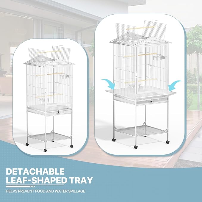 MoNiBloom 54 Inch Bird Cage w/Acrylic Door, Open Top Roof Birdcage for Finches Canaries Lovebirds Medium Small Parrots, Flight Birdcage w/Rolling Stand, White