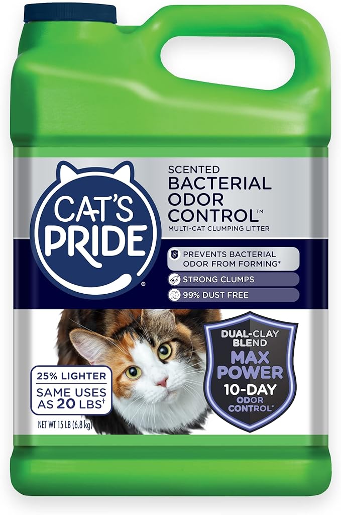 Cat's Pride Max Power: Bacterial Odor Control - Up to 10 Days of Powerful Odor Control - Strong Clumping - 99% Dust Free - Multi-Cat Litter, Fresh Scented, 15 Pounds