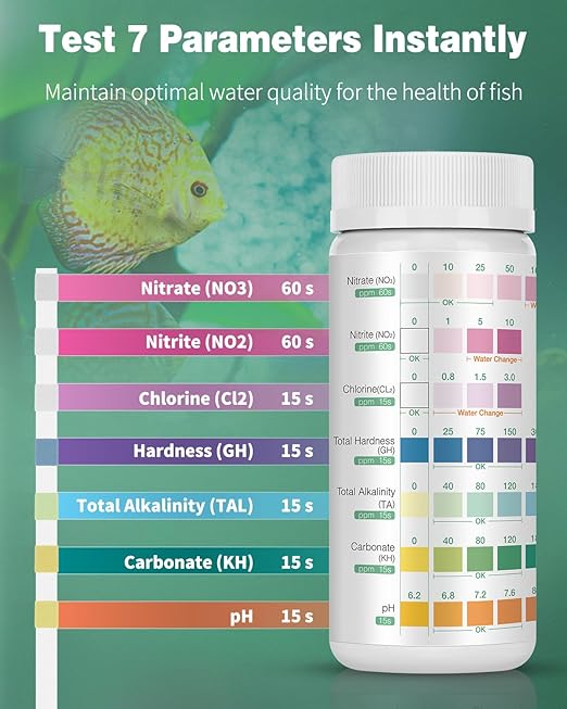 Pawfly 7 in 1 Aquarium Test Strips, 100 Strips Fish Tank Testing Strips for pH Chlorine Nitrate Nitrite Carbonate Hardness Total Alkalinity Water Quality Freshwater Saltwater Test Kit