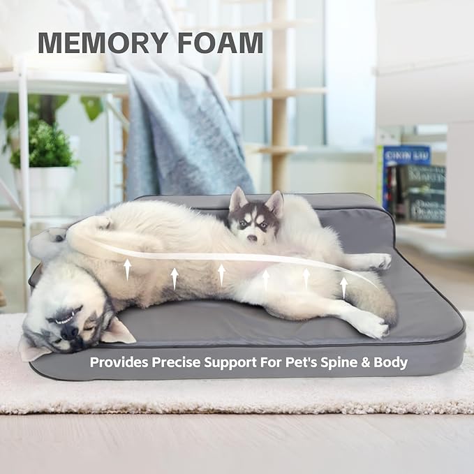Dog Bed for Large Dogs, Easy Clean Dog Sofa Air-Leather-Fabric Pet Bed, Stain & Waterproof Dog Bed with Memory Foam & Washable Cover, with Pillow & Side Cushion, Gray, L Size