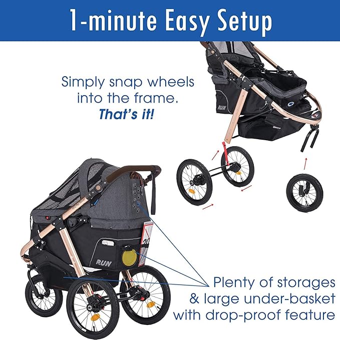 HPZ Pet Rover Run Performance Jogging Sports Stroller with Comfort Rubber Wheels/Zipper-Less Entry/1-Hand Quick Fold/Aluminum Frame for Small/Medium Dogs, Cats and Pets (Black)