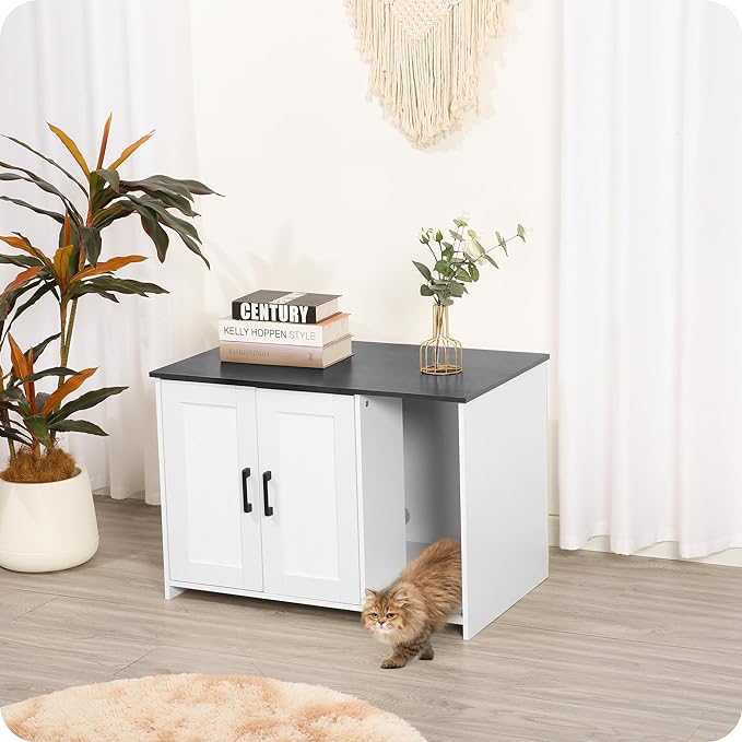 DWANTON Litter Box Enclosure, Cat Litter Box Furniture Hidden, with Scratching Mat, Wooden Cat Washroom Indoor, Fit Most of Litter Box, 31.5" L x 19.7" W x 21.7" H, White+Dark Gray