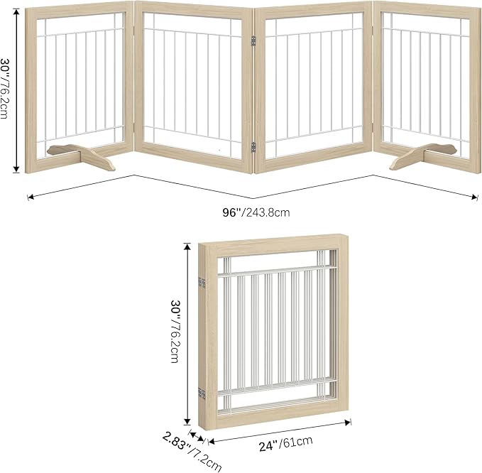 Folding No-Assembly Pet Gate 96" Wide, 30" Tall Wooden Dog Gate, Freestanding Wire Pet Gate, Pet Puppy Safety Fence, with 2PCS Support - Natural White