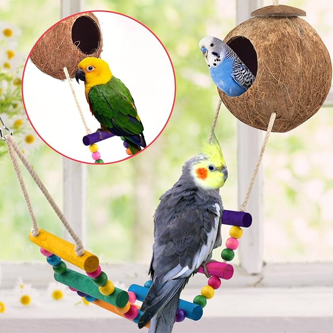 KATUMO Bird Toys, Parrot Swing Parakeet Ladder Conure Wood Perch Bird Chew Toys Cockatiel Hanging Bell Toys for Parakeet, Conure, Cockatiel, Mynah, Love Birds, Finch, Small Pet Birds