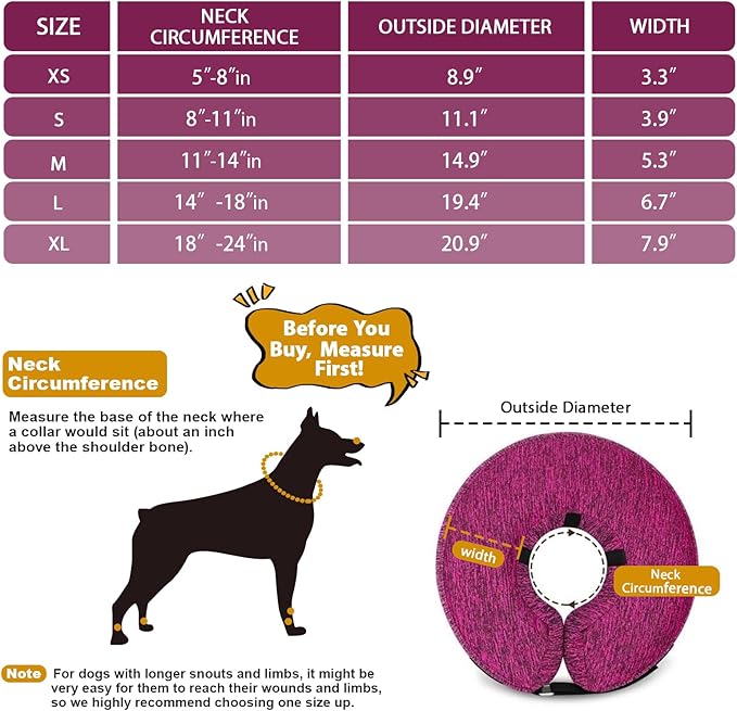 MIDOG Dog Cone Collar, Inflatable Dog Neck Donut Collar Alternative After Surgery, Soft Protective Recovery Cone for Small Medium Large Dogs and Cats Puppies - Alternative E Collar (Rose, XL)