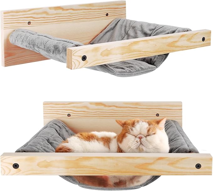 Almcmy Cat Hammock Wall Mounted, Floating Cat Shelves for Wall, Wooden Cat Beds and Perches for Wall, Holds up to 33 lbs, Cat Wall Furniture for Sleeping, Playing, Climbing, Lounging