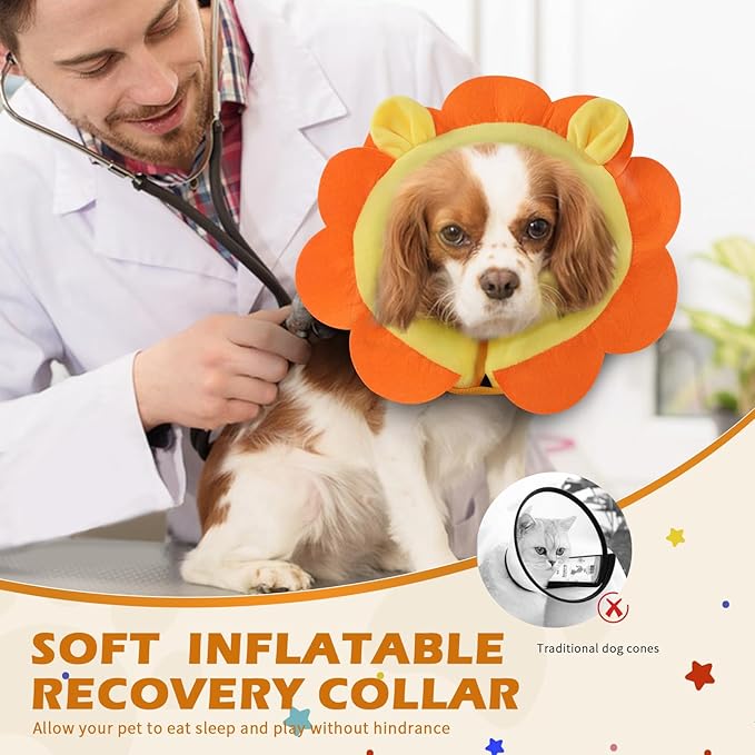 IEUUMLER Inflatable Recovery Dog Collar, Protective Donut Cone, Adjustable Soft Collar for Dog and Cat After Surgery Prevent from Biting & Scratching EU002 (M (Neck:7.9"-11"), Orange Lion)