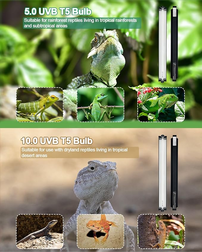 T5 UVB Reptile Light Kit, 39W T5 Reptile Light Fixture with UVB 10.0 Fluorescent Bulb, 35 in Terrarium Hood Light Fixture, Ideal for Tropical and Desert Habitats Reptile