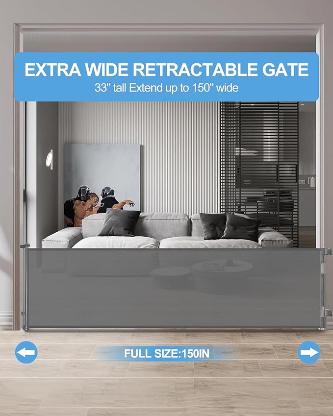 Retractable Baby Gate,Mesh Baby Extra Wide Gate,Extra Long Dog Gate,33" Tall,Large Extends up to 150" Wide,Child Safety Extra Large Gate for Doorways, Stairs, Indoor/Outdoor（Grey,33"x150"）