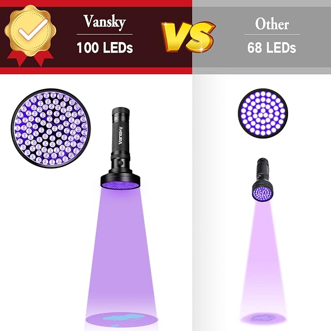 Vansky Black Light UV Flashlights, Ultra Bright 100 LED 395nm Ultraviolet Blacklight Detector for Dog Cat Pet Urine, Dry Stains and Bed Bug, Matching with Pet Odor Eliminator