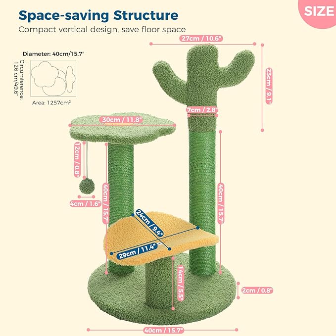 Made4Pets Cat Tree Cactus Cat Scratching Post 26” Cats Tree Tower for Indoor Cat Scratchers Kitty Tower with Flower Perch, Dangling Ball