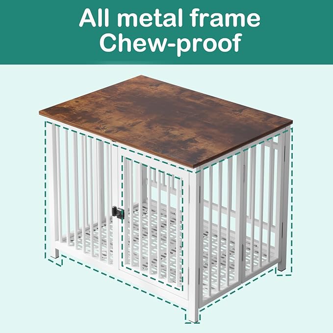Heavy Duty Dog Crate Furniture, Fully Assembled exc. Locks, All Metal Frame & Wooden Tabletop, Modern Kennel for Small Dog, End Table, Sturdy, Foldable, White/Rustic Brown