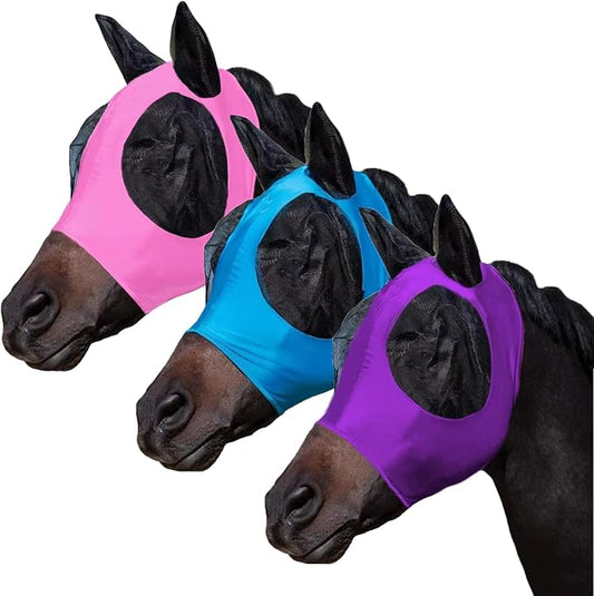 3 Pcs Horse Fly Mask-Fly Masks for Horses with Ears, Breathable Elastic Fabric for Sun Protection for Large/Medium Size Adult Horses (Pink-Purple-Blue, Large)