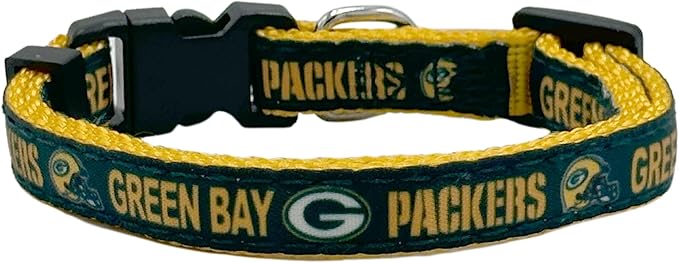 NFL CAT Collar Green Bay Packers Satin Cat Collar Football Team Collar for Dogs & Cats. A Shiny & Colorful Cat Collar with Ringing Bell Pendant