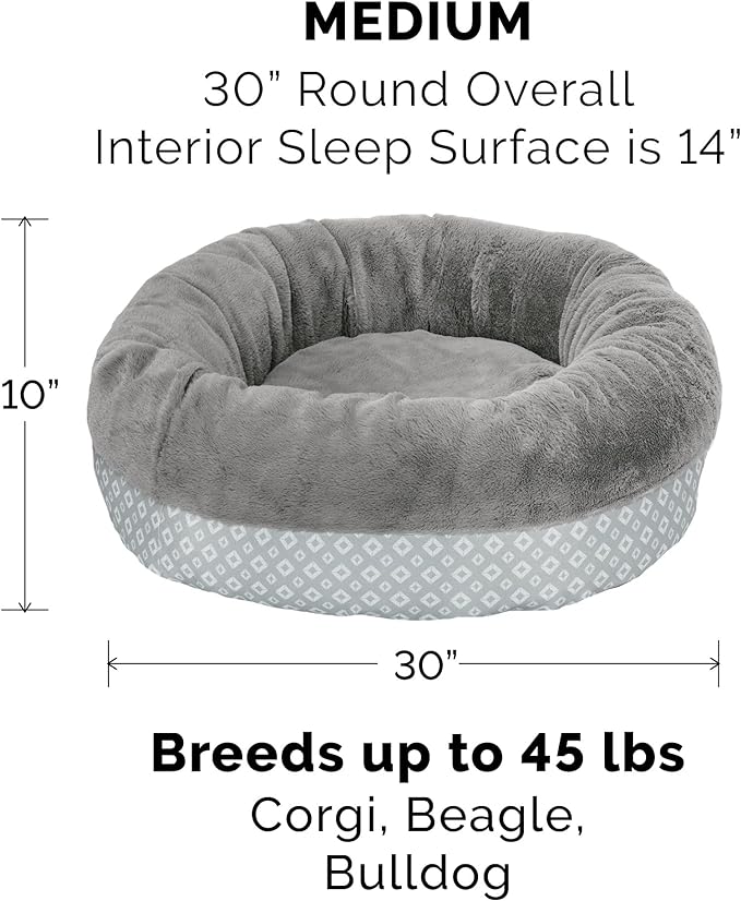 Furhaven 30" Round Donut Dog Bed for Medium/Small Dogs, Refillable w/ Removable Washable Cover, For Dogs Up to 45 lbs - Plush & Diamond Print Donut Bed - Gray, Medium
