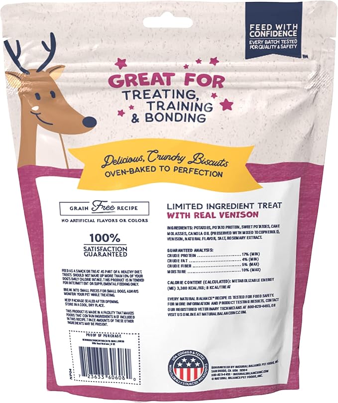 Natural Balance Limited Ingredient Rewards Crunchy Biscuits, Bite-Size Grain-Free Dog Treats for Small-Breed Dogs, Made with Real Venison, 8 Ounce (Pack of 1)