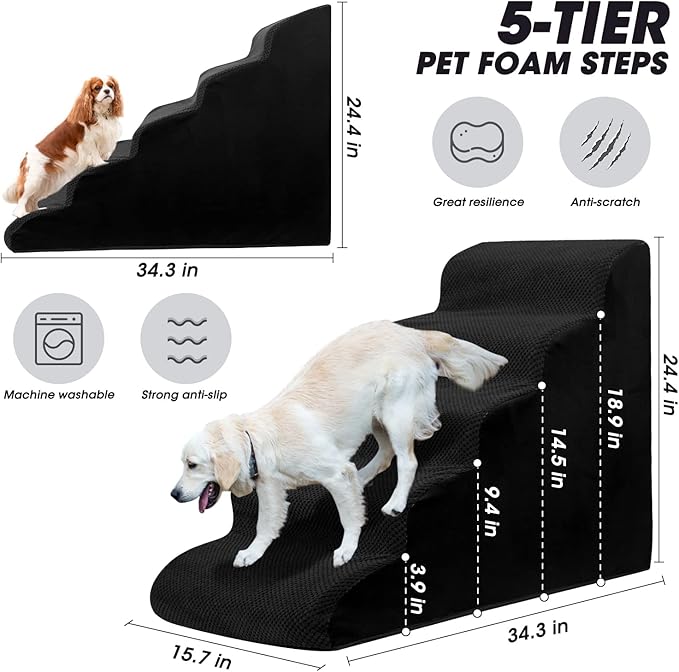 Foam 5 Tier Dog Steps&Stairs for High Beds 25 inches High, Tall Extra Wide Pet Stairs/Steps for High Beds/Bedsides,Non-Slip Dog Ramps for Small Dogs, for Older Dogs/Cats Injured(Black)