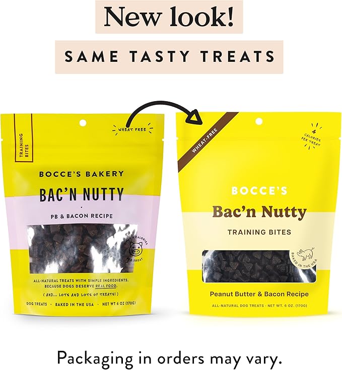 Bocce's Bakery Bac'N Nutty Training Treats for Dogs, Wheat-Free Dog Treats, Made with Real Ingredients, Baked in The USA, All-Natural & Low Calorie Training Bites, PB & Bacon Recipe, 6 oz