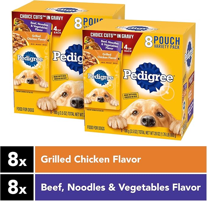 PEDIGREE CHOICE CUTS IN GRAVY Adult Soft Wet Dog Food 8 Count Variety Pack, 3.5 oz Pouches, (Pack of 2)