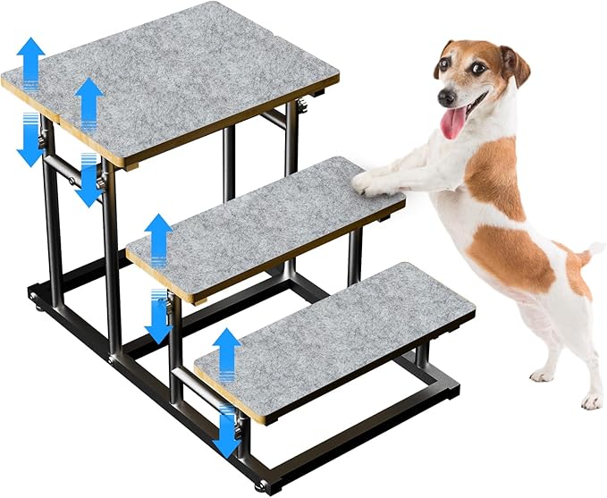 4-Tier Deformable Bamboo Pet Dog Stairs Dog Steps for Small Medium Dogs, Adjusted 4 or 3 Ladder Dog Step Pet Stairs for High Bed & Couch, Metal & Non-Slip Bamboo Board Pet Step Cat Stairs Steps