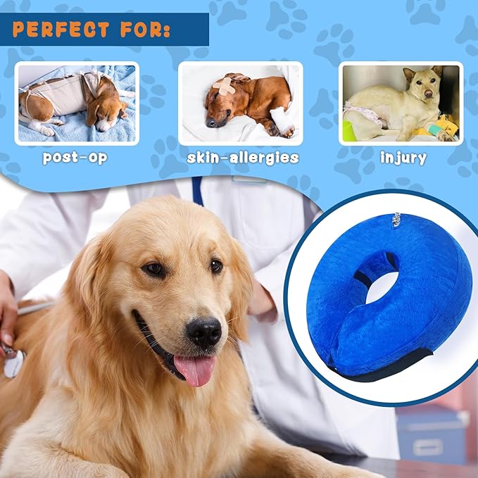 Inflatable Dog Cone Collar (L Size), Soft Blow-up Protective Recovery Dog Collar, Pet Donut Cone Collar, Comfy Elizabethan Collar After Surgery for Medium Dog to Prevent Biting Scratching, Blue