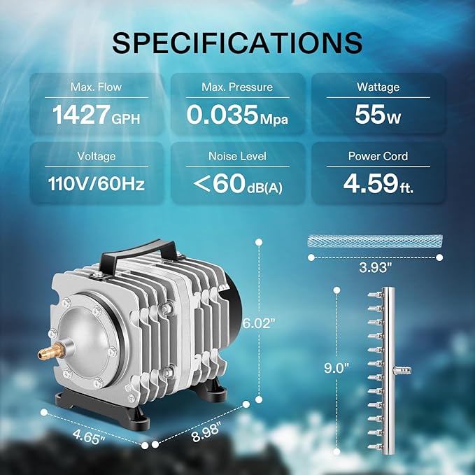 VIVOSUN Commercial Air Pump 1427 GPH 55W 90L/min 12 Outlet for Aquarium and Hydroponic Systems