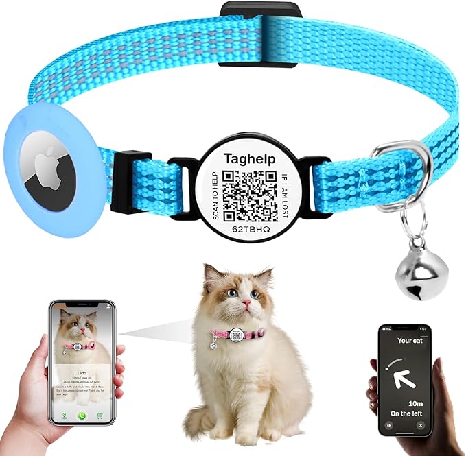 Reflective AirTag Cat Collar Breakaway, TAGHELP GPS Cat Collar with Apple Air Tag Holder, Cat Tracker Collars with Safety Elastic Band for Girl Boy Cats, Kittens and Puppies (Blue B)