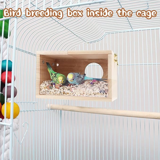 Parakeet Nesting Box Transparent Bird House for Cage Natural Wood Breeding Box for Parrot Parakeet Cockatiel Lovebirds Budgie Conure and Other Small Birds