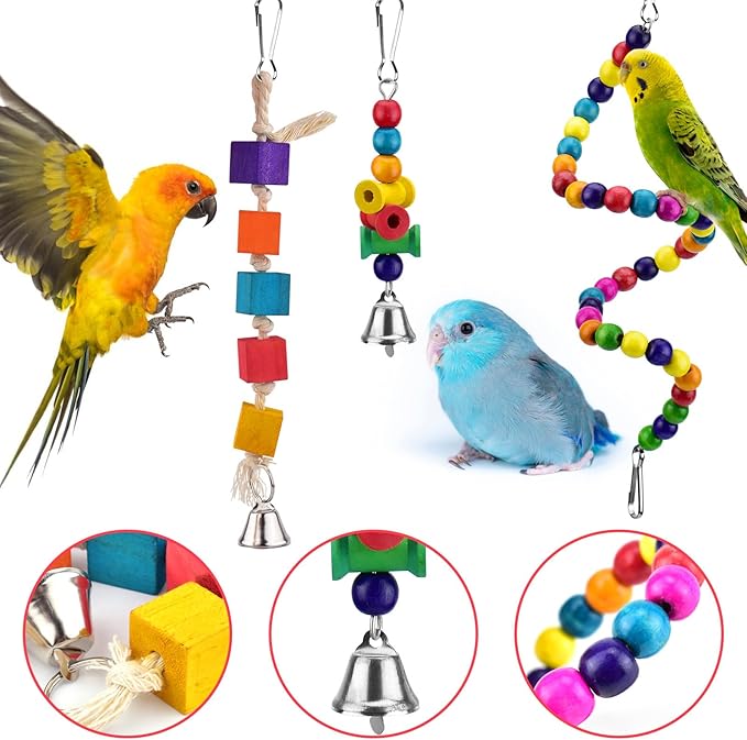 KATUMO Bird Toys, Parrot Swing Parakeet Ladder Conure Wood Perch Bird Chew Toys Cockatiel Hanging Bell Toys for Parakeet, Conure, Cockatiel, Mynah, Love Birds, Finch, Small Pet Birds