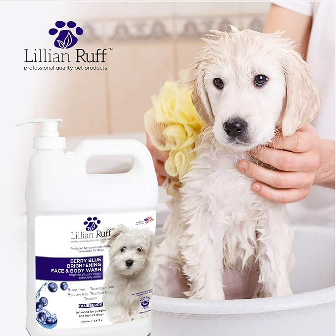 Lillian Ruff Berry Blue Brightening Face and Body Wash for Dogs - Blueberry Shampoo - Remove Tear Stains, Hydrate Dry Itchy Skin, Add Shine & Luster to Coats (Berry Blue Shampoo Gallon/Pump)