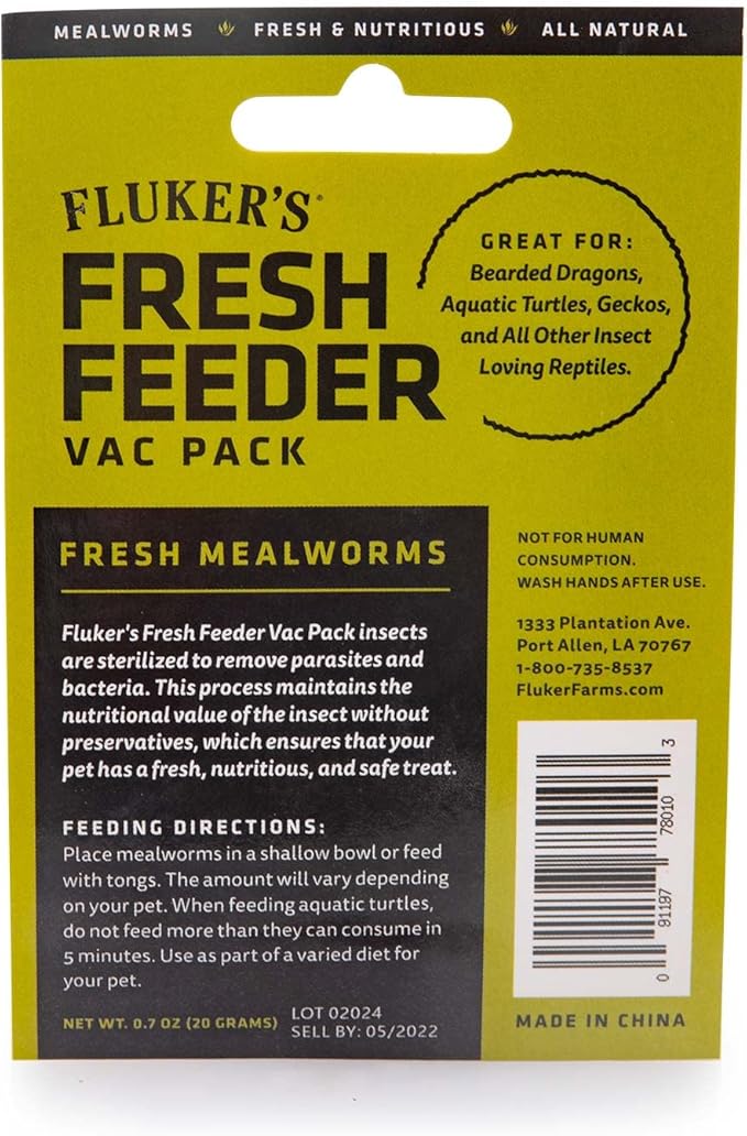 Fluker's Fresh Feeder Vac Pack Mealworms, All Natural and Preservative Free, Great for Insect Eating Reptiles, Birds, Tropical Fish or Small Animals, 0.7 oz (Pack of 2)